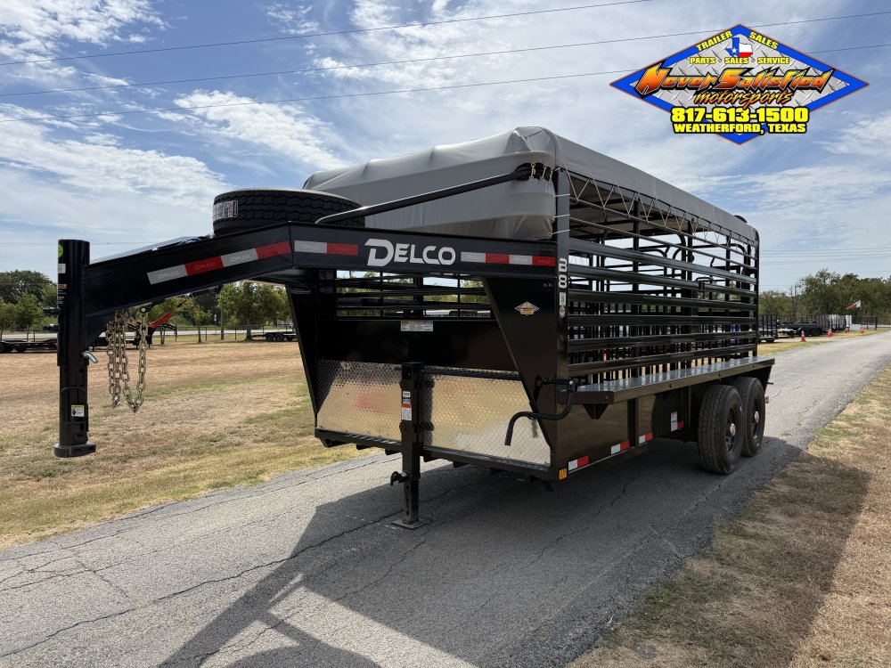 2027 DELCO 6'8" X 16' BAR TOP BUMPER PULL CATTLE TRAILER WITH SPARE 14K-GVWR