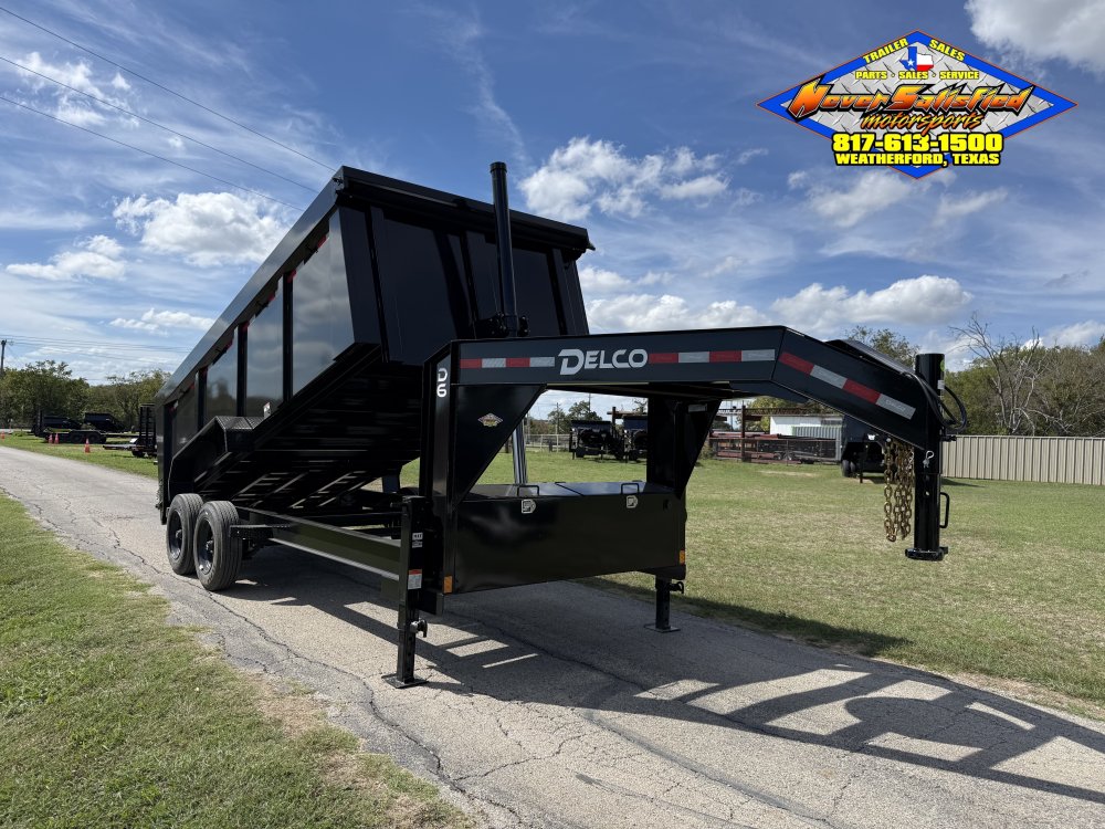 2027 DELCO 83" X 16' GOOSENECK TELESCOPING DUMP TRAILER WITH 3' SIDEWALLS, TARP, RAMPS AND SPARE 16,