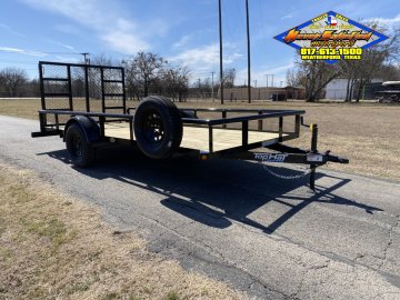 2027 TOP HAT 77" X 14' SINGLE AXLE PIPE TOP UTILITY TRAILER W/ 4' SPRING ASSIST RAMP GATE, SPARE 2,9
