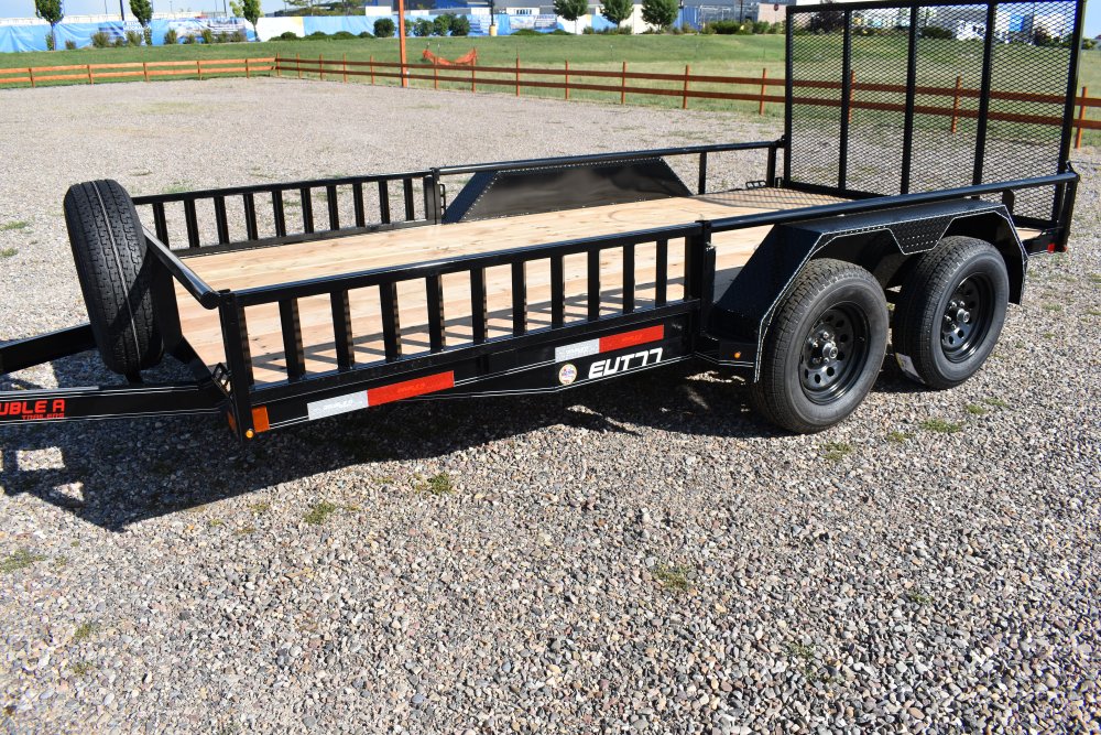 Double A 7X14-7K tandem axle utility trailer, 4' Ramp gate, side load ramps