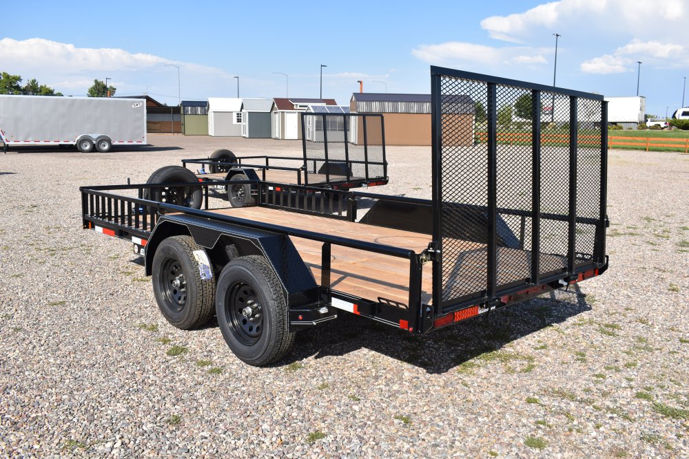 Double A 7X14-7K tandem axle utility trailer, 4' Ramp gate, side load ramps