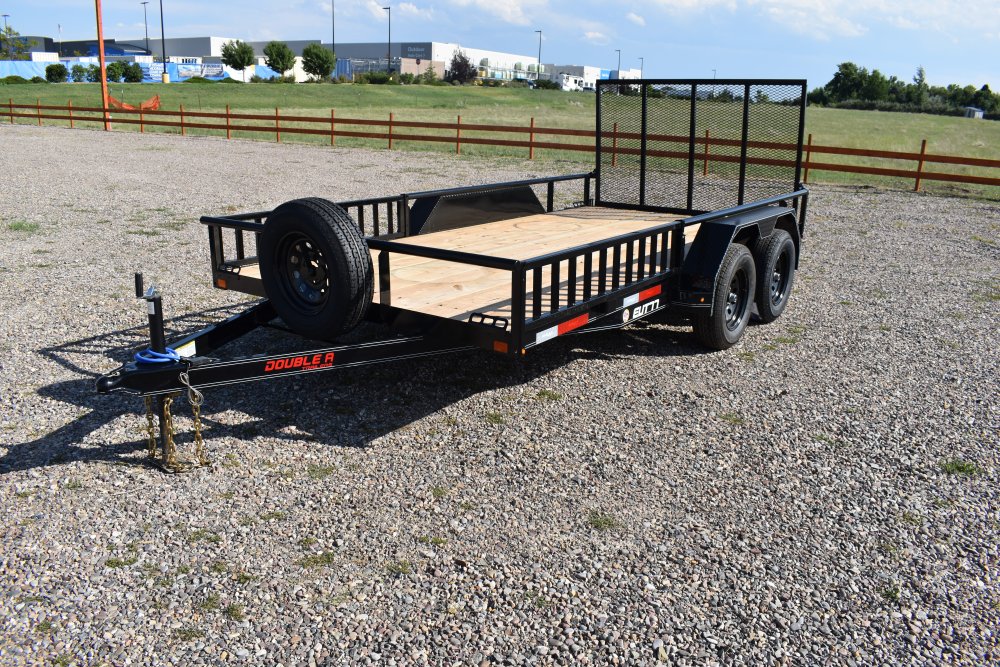 Double A 7X14-7K tandem axle utility trailer, 4' Ramp gate, side load ramps