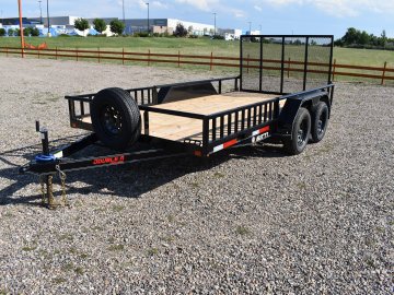 Double A 7X14-7K tandem axle utility trailer, 4' Ramp gate, side load ramps