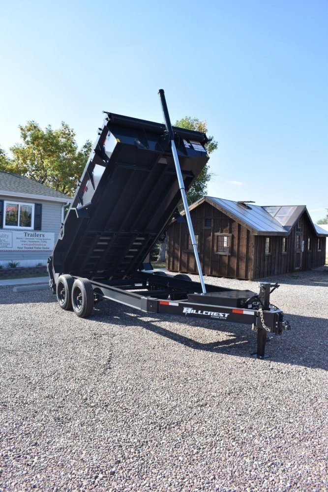 Hillcrest 7X14 14' 16K bumper pull dump trailer, spreader gate, 18 ply tires, rear stabilizer stands