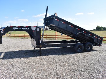 Hillcrest 7X16 14K gooseneck dump trailer, 1-pc engineered neck, rear stabilizer stands, LED lights