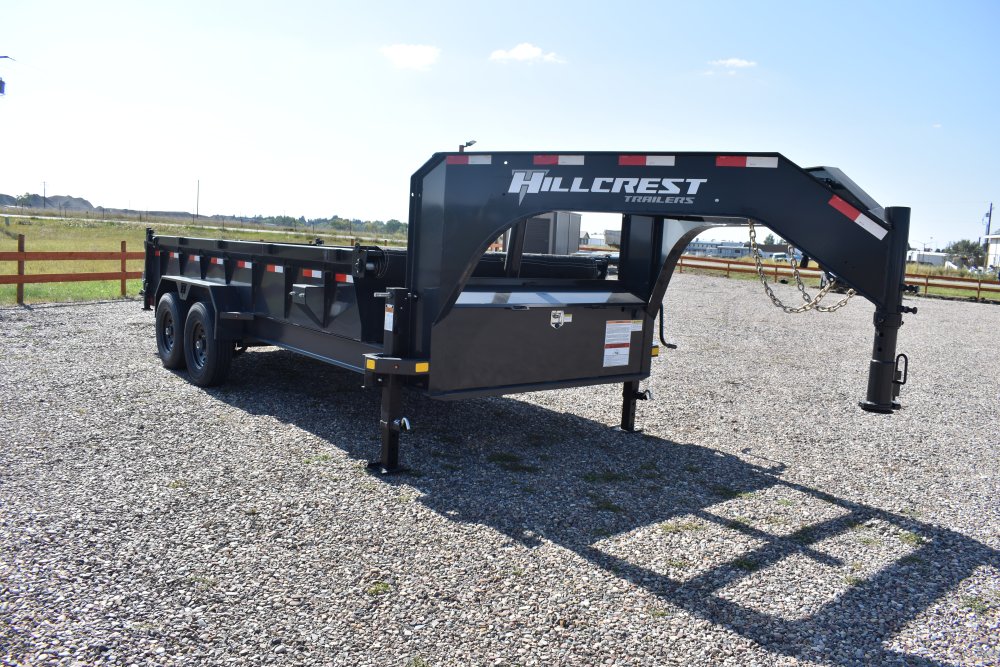 Hillcrest 7X16 14K gooseneck dump trailer, 1-pc engineered neck, rear stabilizer stands, LED lights