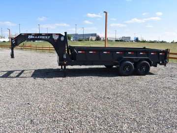 Hillcrest 7X16 14K gooseneck dump trailer, 1-pc engineered neck, rear stabilizer stands, LED lights