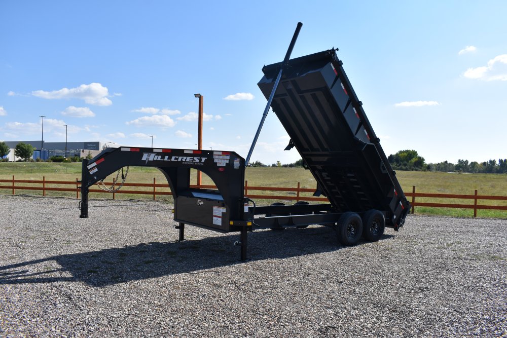 Hillcrest 7X16 14K gooseneck dump trailer, 1-pc engineered neck, rear stabilizer stands, LED lights