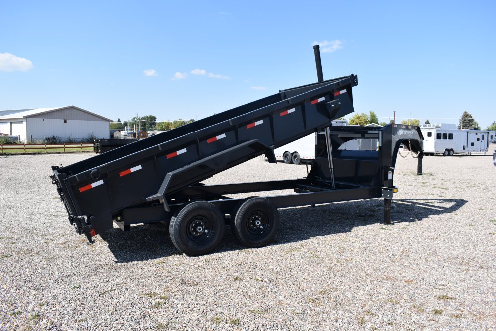 Hillcrest 7X16 14K gooseneck dump trailer, 1-pc engineered neck, rear stabilizer stands, LED lights