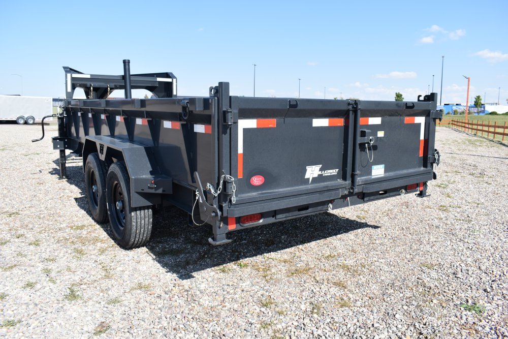 Hillcrest 7X16 14K gooseneck dump trailer, 1-pc engineered neck, rear stabilizer stands, LED lights