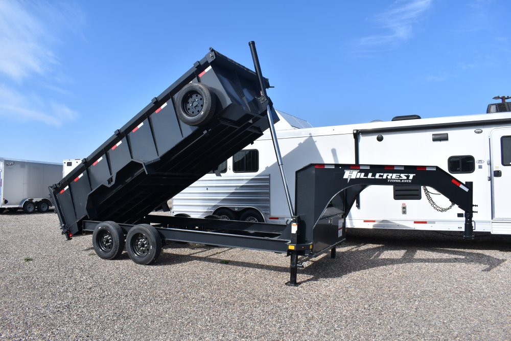 Hillcrest 7X16 16K gooseneck dump trailer, 1-pc engineered neck, 40" sides, rear stabilizer stands