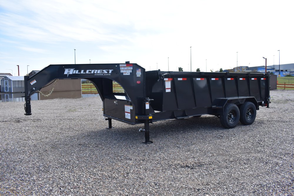 Hillcrest 7X16 16K gooseneck dump trailer, 1-pc engineered neck, 40" sides, rear stabilizer stands