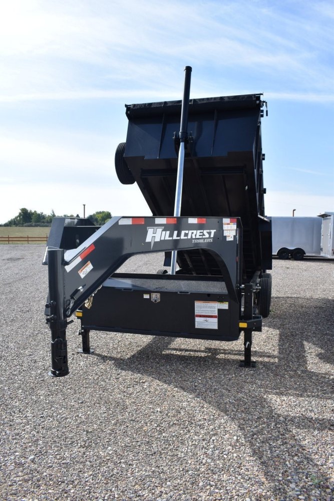 Hillcrest 7X16 14K gooseneck dump trailer, 1-pc engineered neck, 40" sides, rear stabilizer stands
