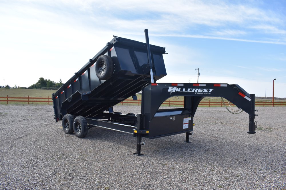 Hillcrest 7X16 14K gooseneck dump trailer, 1-pc engineered neck, 40" sides, rear stabilizer stands