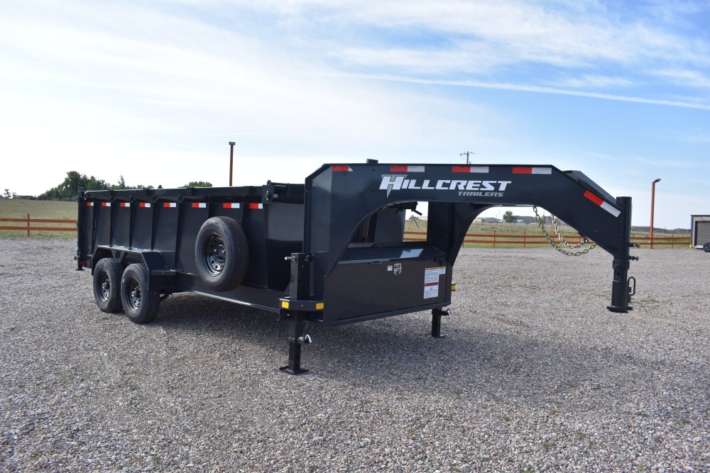Hillcrest 7X16 14K gooseneck dump trailer, 1-pc engineered neck, 40" sides, rear stabilizer stands