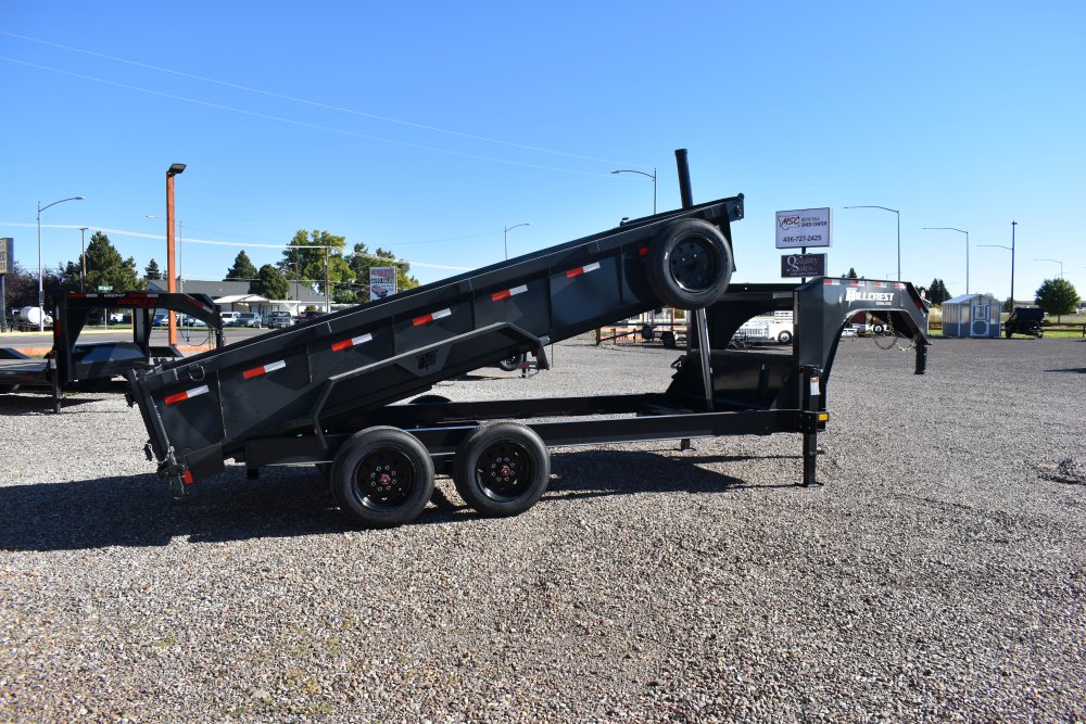 Hillcrest 7X16 16K gooseneck dump trailer, spreader gate, rear stabilizer stands, LED lights