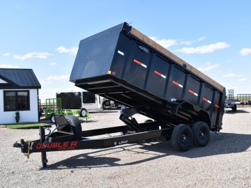 Double A 83"X16' 14K low pro dump trailer, 3-way spreader gate, tarp kit,