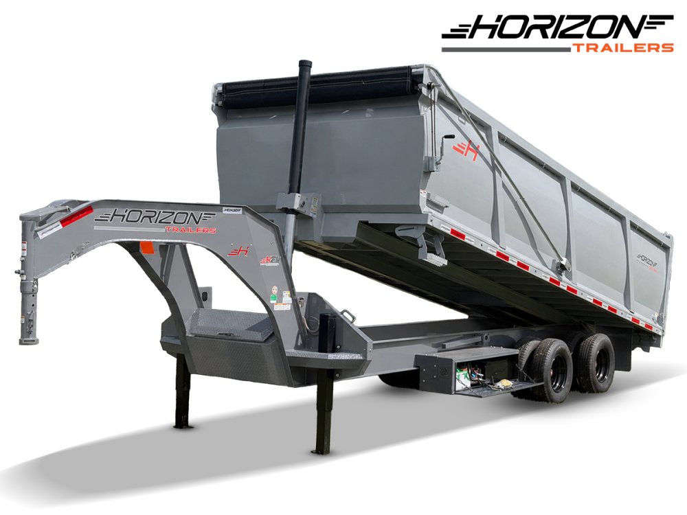 20 Horizon HZH Gooseneck Dump Trailer 48" Side Walls Hydraulic Jacks Electric Tarp - (2) 16K Axles - Cloud Gray