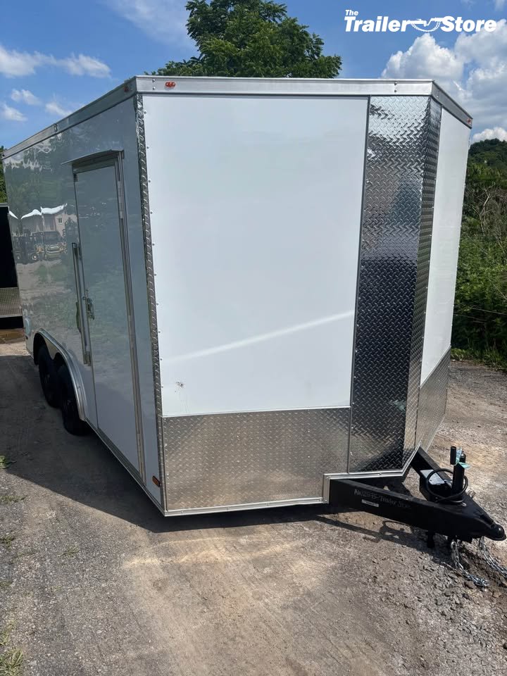 ALL WORLD TRAILER 8.5X16 ENCLOSED, WHITE, RAMP DOOR, 7' CEILING
