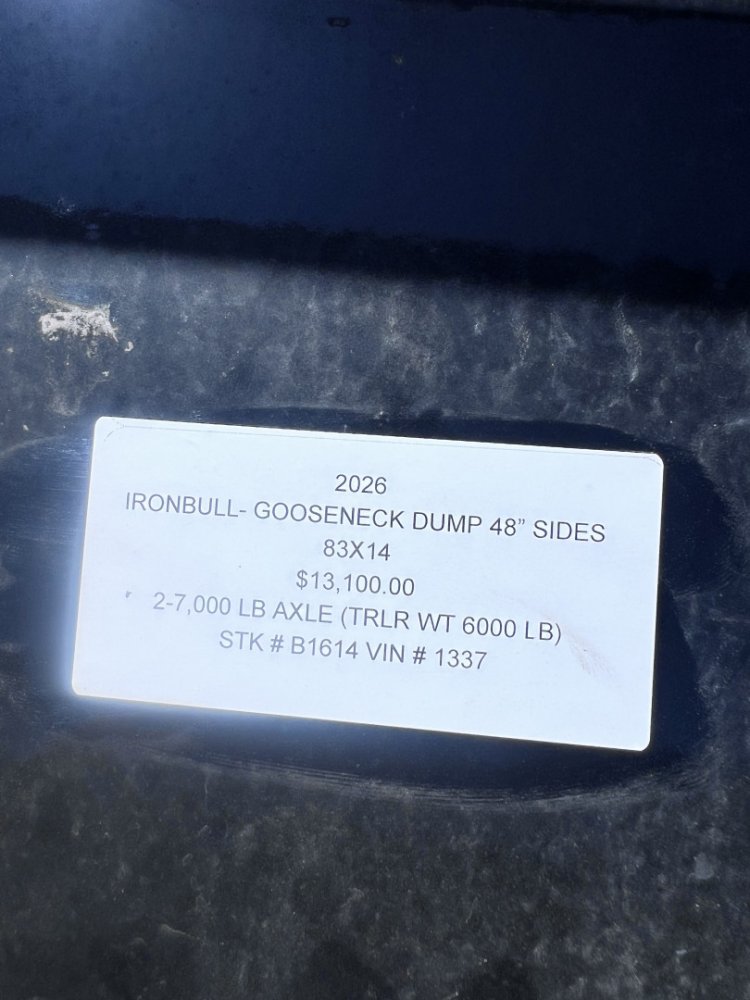 2026 IRON BULL 83 X 14 GOOSENECK DUMP TRAILER W/ 48" SIDES AND TELESCOPIC HOIST