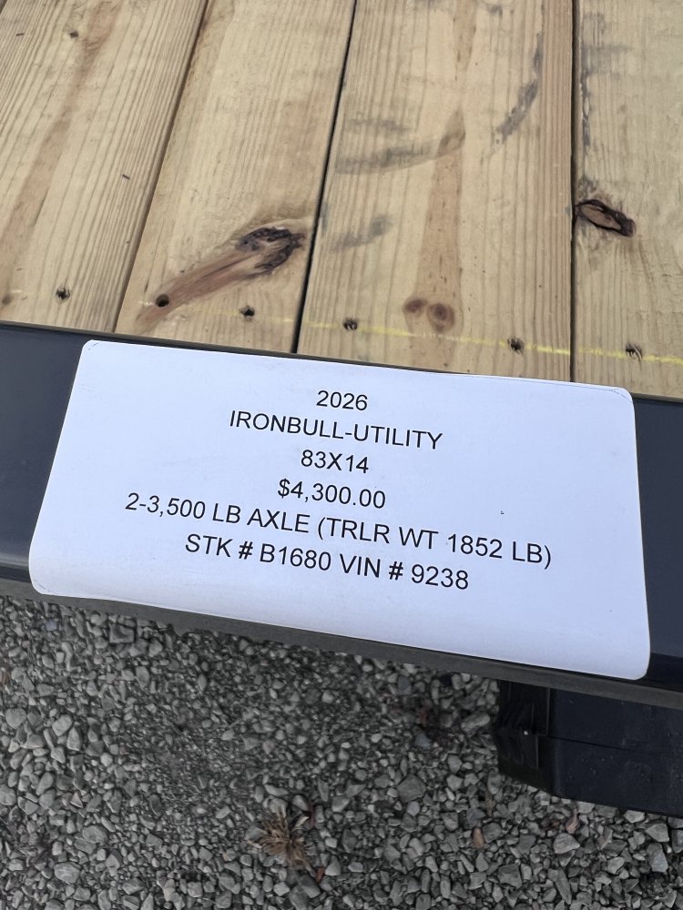 2026 IRON BULL 83X14 UTILITY TRAILER W/TANDEM AXLES AND 2 BRAKES