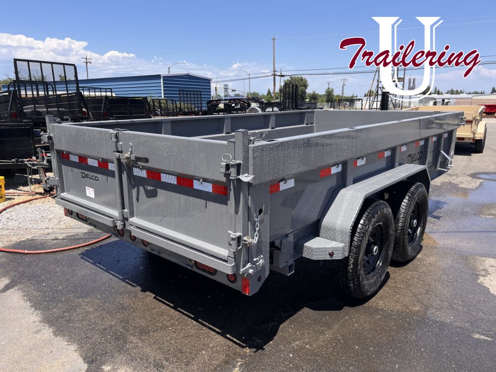 2025 Delco 7'x14' Bumper Pull 16k 8 LUG, grease hubs, 17.5 H rated tires, telescoping ram, gray