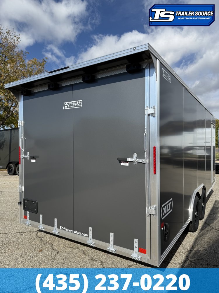 8.5x20 Alcom Aluminum EZ Hauler XLT Auto Trailer - 7'0" Interior - 10K GVWR - .080 PolyCor, Dovetail, Escape Door, Rear Spoiler, Translucent Roof