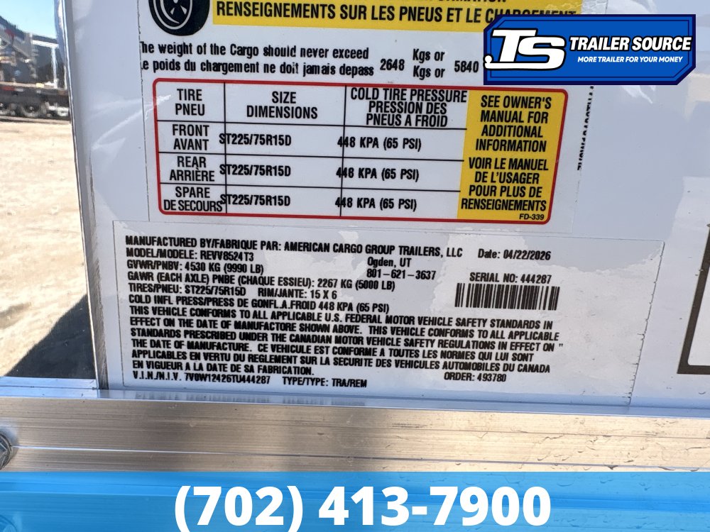 8.5x24 Wells Cargo Revv Enclosed Car Hauler Trailer - 7'0" Interior - 10K GVWR - .080 PolyCor, 110V Power, Alloy Wheels, Dovetail, Finished Interior