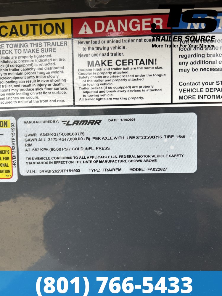 8.5x26 Lamar FA Gooseneck Deckover Tilt Trailer - 14K GVWR -