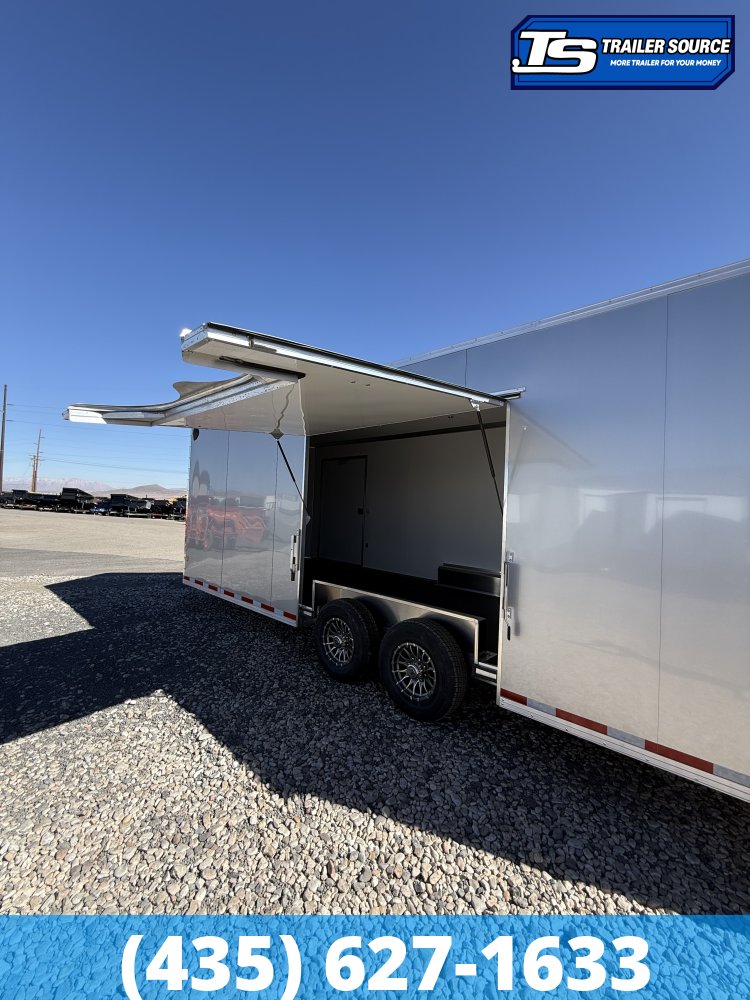 8.5x24 Alcom EZ Hauler Premium Aluminum Enclosed Car Hauler Trailer - 12K GVWR - Alloy Wheels, D-Rings, Dovetail, Power Tongue Jack, Rear Spoiler w/ Load Lights, Rubber Coin Floor,