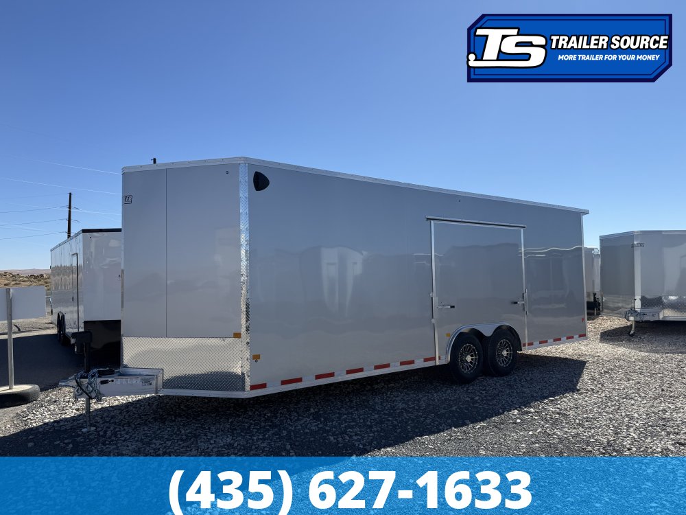 8.5x24 Alcom EZ Hauler Premium Aluminum Enclosed Car Hauler Trailer - 12K GVWR - Alloy Wheels, D-Rings, Dovetail, Power Tongue Jack, Rear Spoiler w/ Load Lights, Rubber Coin Floor,