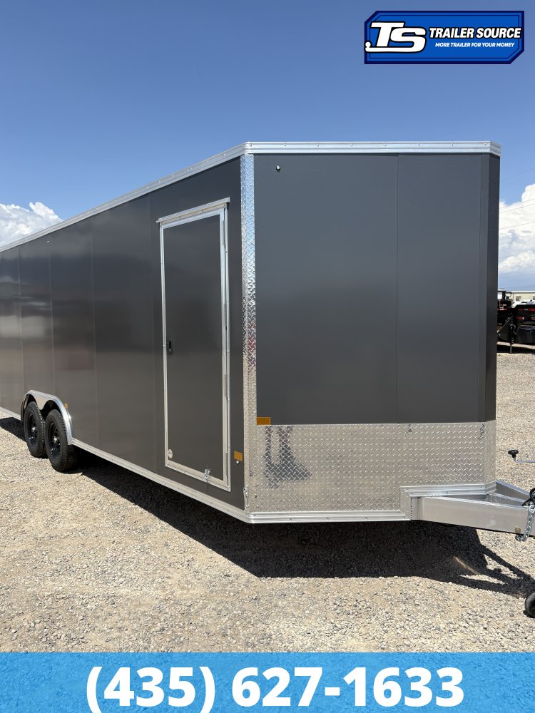 8.5x24 Alcom Aluminum EZ Hauler XLT Auto Trailer - 7'0" Interior - 10K GVWR - .080 PolyCor, Dovetail, Rear Spoiler w/ Load Lights, Translucent Roof, Ultimate Escape Door