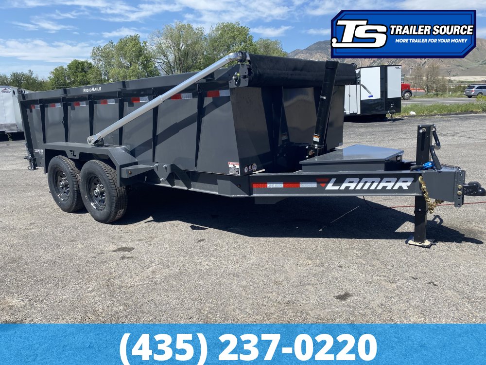 7x14 Lamar DT Dump Trailer - 36" Sides - 14K GVWR - Long Arm Tarp, Stabilizer Jacks, Telescopic