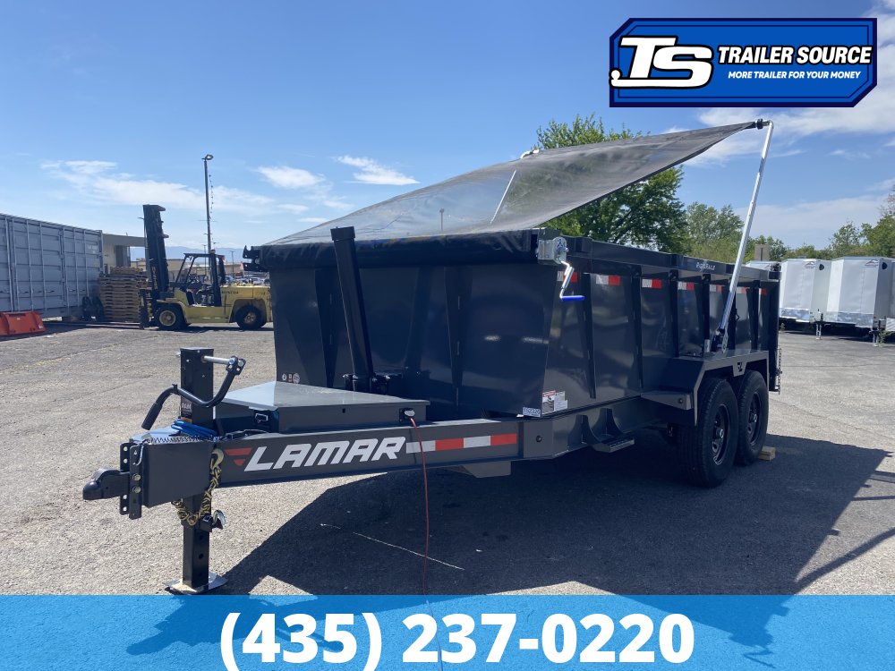 7x14 Lamar DT Dump Trailer - 36" Sides - 14K GVWR - Long Arm Tarp, Stabilizer Jacks, Telescopic