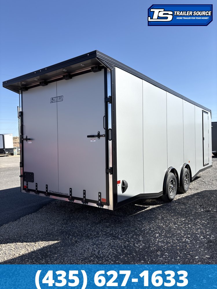 8.5x24 Alcom EZ Hauler Premium Aluminum Enclosed Car Hauler Trailer - 10K GVWR - .080 PolyCor, Alloy Wheels, Black Out Package, Finished Interior, Ramp Door, Rear Spoiler w/ Load L