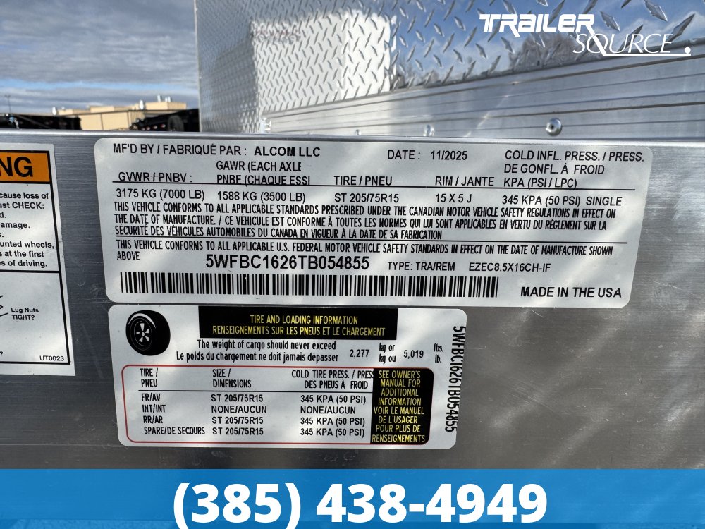 8.5x16 Alcom Mission EZ Hauler 7'0" Interior Enclosed Cargo