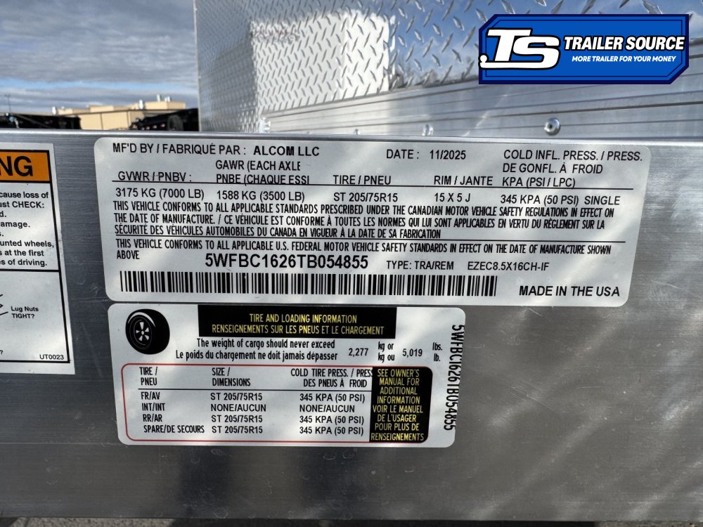 8.5x16 Alcom Aluminum EZ Hauler XLT Trailer - 7'0" Interior - 7K GVWR - Spare Mount, Spare Tire