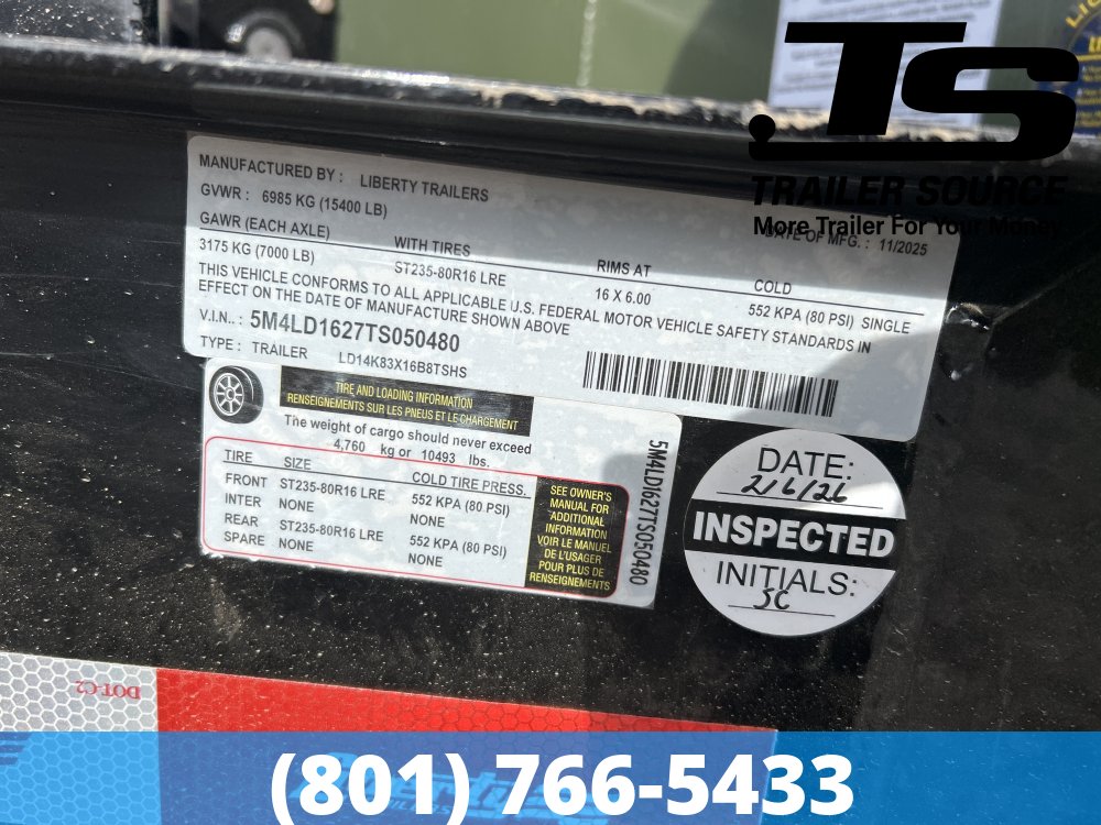 7x16 Liberty LD Dump Trailer - 40" Sides - 15.4K GVWR -