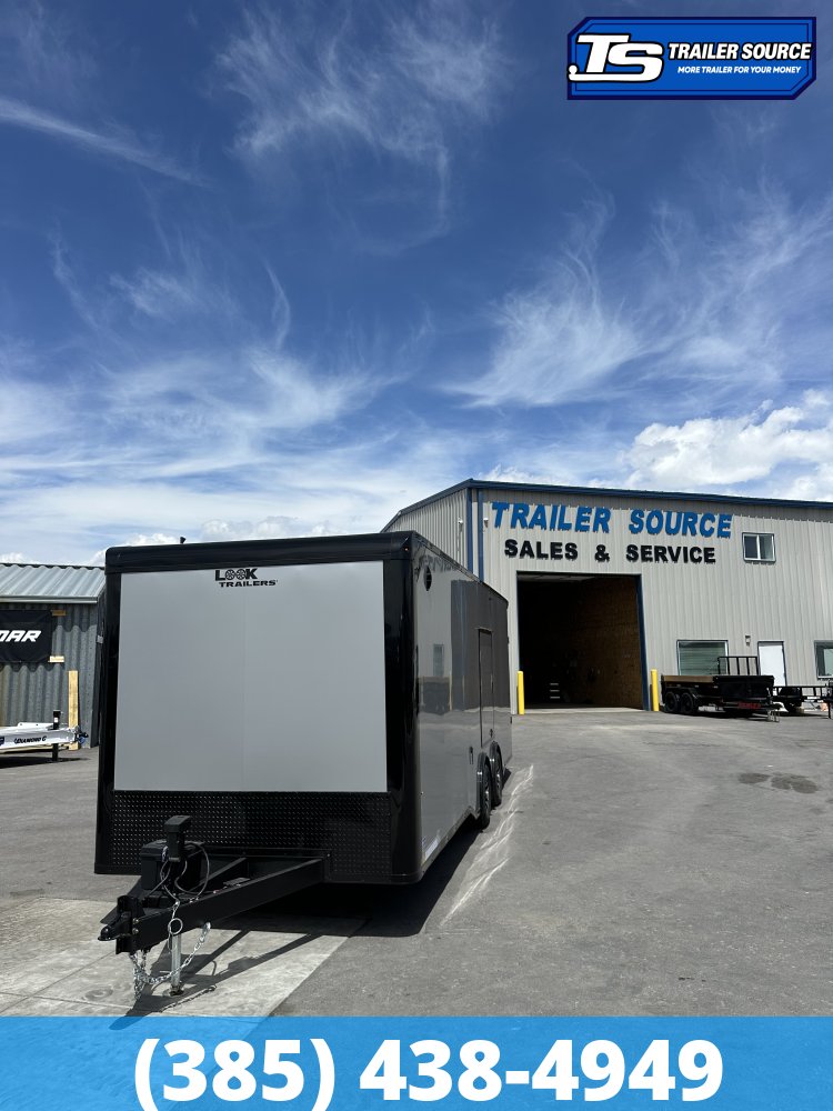 8.5x24 Look Vision Enclosed Car Hauler Trailer - 7'6" Interior - 10K GVWR - .080 PolyCor, 48" Side Door, Alloy Wheels, Battery, D-Rings, Lower Cabinet, Power Tongue Jack, Rear Spoi