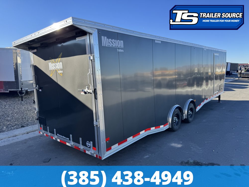 8.5x38 Alcom All Sport Gooseneck Enclosed Aluminum Snowmobile Trailer - 7'0" Interior - 10K GVWR - 110V Power, Battery, D-Rings, Dovetail, Gooseneck, Heater, Roof Vent, RV Door, Sc