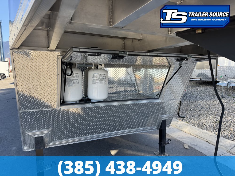 8.5x38 Alcom All Sport Gooseneck Enclosed Aluminum Snowmobile Trailer - 7'0" Interior - 10K GVWR - 110V Power, Battery, D-Rings, Dovetail, Gooseneck, Heater, Roof Vent, RV Door, Sc