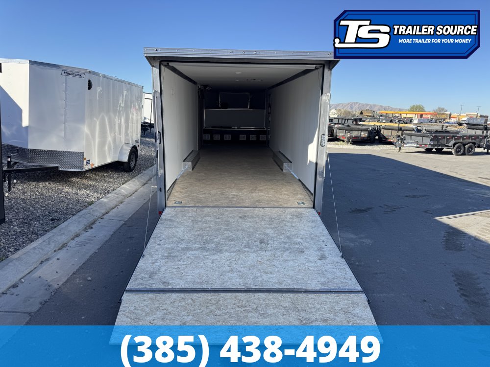 8.5x38 Alcom All Sport Gooseneck Enclosed Aluminum Snowmobile Trailer - 7'0" Interior - 10K GVWR - 110V Power, Battery, D-Rings, Dovetail, Gooseneck, Heater, Roof Vent, RV Door, Sc