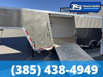 8.5x38 Alcom All Sport Gooseneck Enclosed Aluminum Snowmobile Trailer - 7'0" Interior - 10K GVWR - 110V Power, Battery, D-Rings, Dovetail, Gooseneck, Heater, Roof Vent, RV Door, Sc
