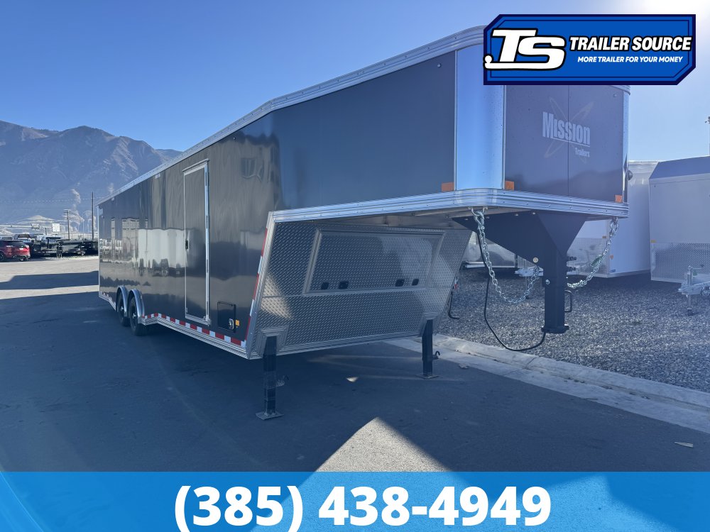 8.5x38 Alcom All Sport Gooseneck Enclosed Aluminum Snowmobile Trailer - 7'0" Interior - 10K GVWR - 110V Power, Battery, D-Rings, Dovetail, Gooseneck, Heater, Roof Vent, RV Door, Sc