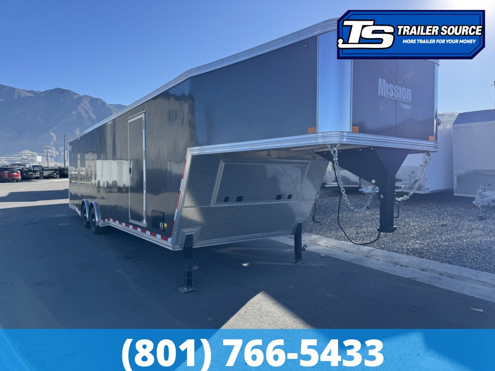 8.5x38 Alcom All Sport Gooseneck Enclosed Aluminum Snowmobile Trailer - 7'0" Interior - 14K GVWR - 110V Power, Battery, D-Rings, Dovetail, Gooseneck, Heater, Roof Vent, RV Door, Sc