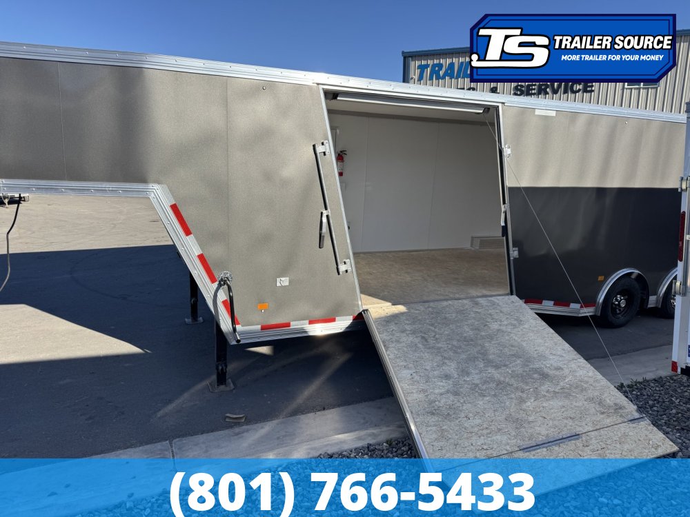 8.5x38 Alcom All Sport Gooseneck Enclosed Aluminum Snowmobile Trailer - 7'0" Interior - 14K GVWR - 110V Power, Battery, D-Rings, Dovetail, Gooseneck, Heater, Roof Vent, RV Door, Sc