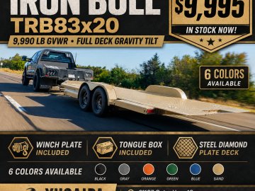IronBull TRB83x20 Gravity Tilt Car Hauler | 10K GVWR | Steel Deck | Toolbox & Winch Plate